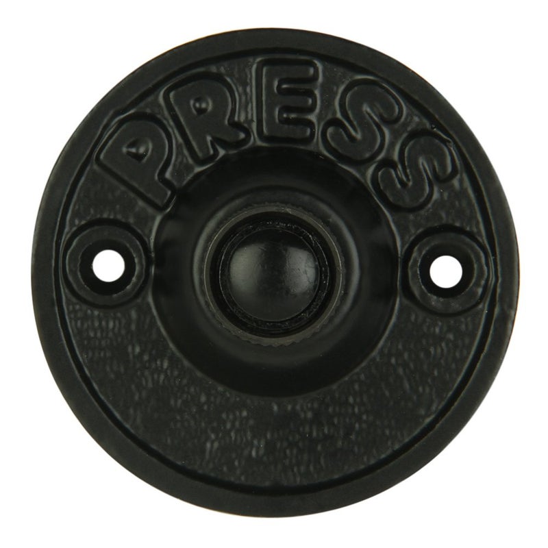 A29 زر جرس الباب من الحديد الزهر المطلي بالبودرة السوداء A29 - بقطر 2 5/9" مع تركيب مدمج، تصميم دائري عتيق، موصل لجرس ثنائي الأسلاك، مقاوم للعوامل الجوية، طراز قديم، تركيب سهل بنفسك - Image 1